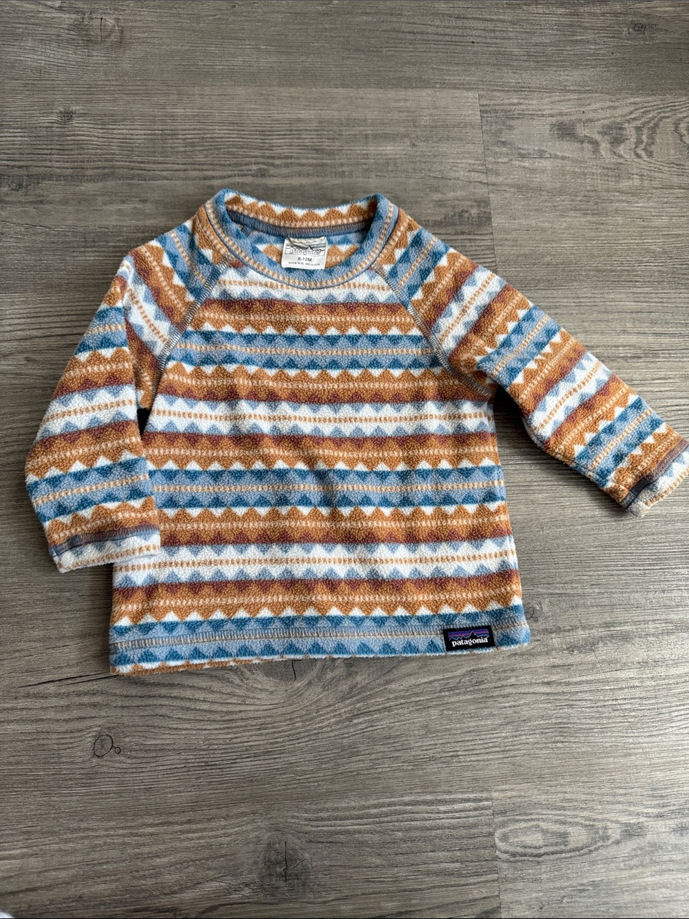 Patagonia Baby Blue, Tan & White Patterned Fleece Pullover